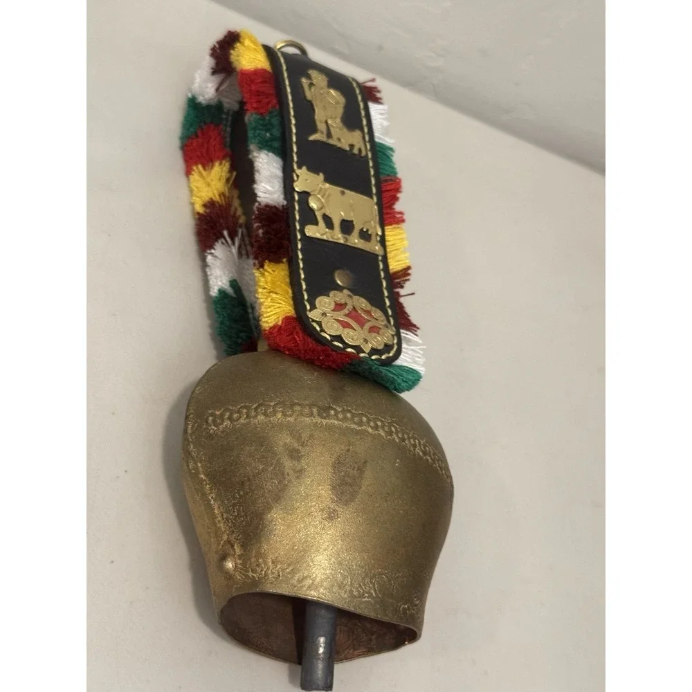 Vintage brass bronze cowbell decorated leather strap alpine folk art souvenir